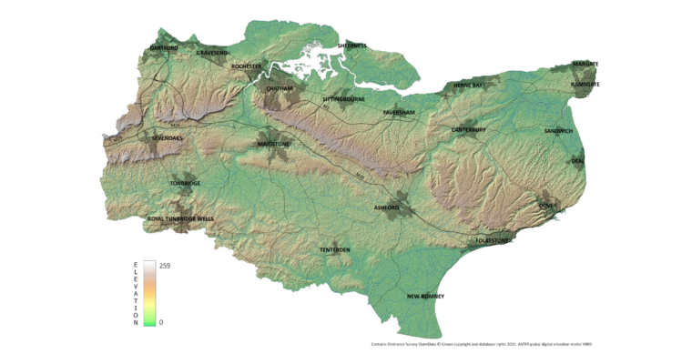 The topography of Kent - map of Kent